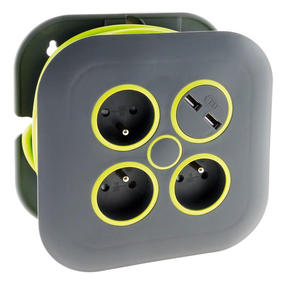 zenitech-klipo-enrouleur-domestique-3-prises-2p-t-2-usb-7m-gris-vert image 1