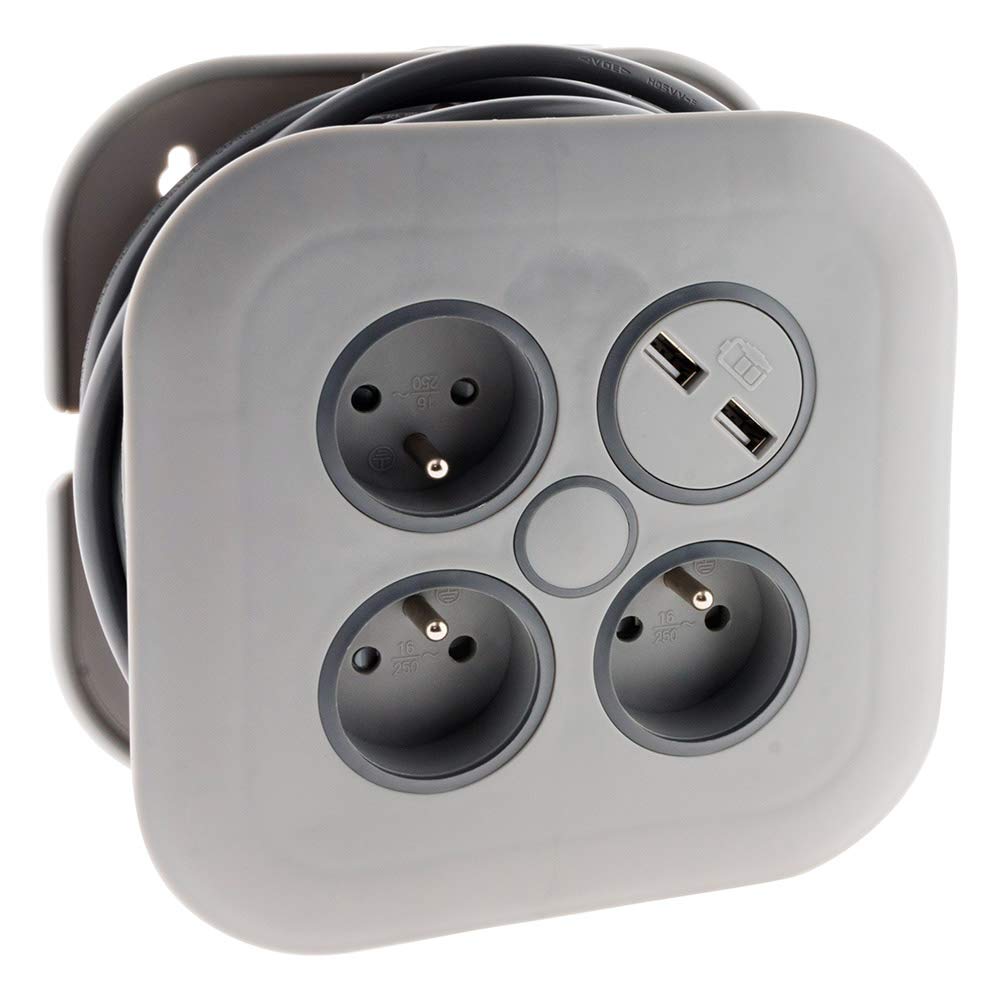 zenitech-enrouleur-domestique-3-prises-2p-t-2-usb-7m-gris image 1