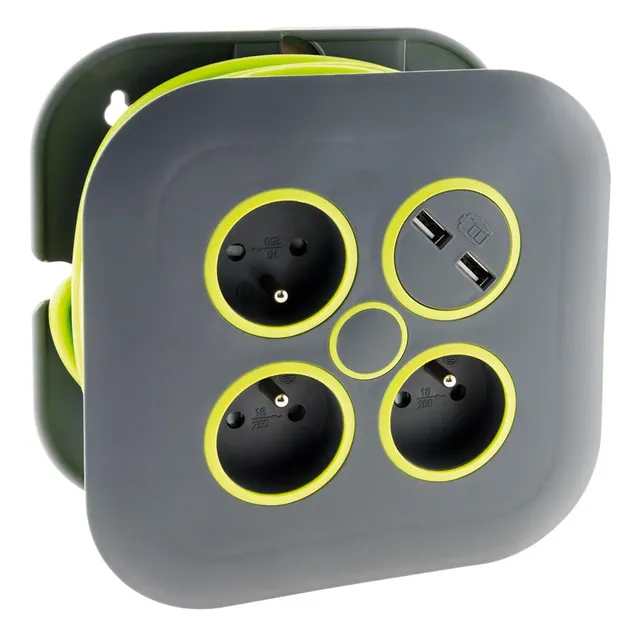 zenitech-klipo-enrouleur-domestique-3-prises-2p-t-2-usb-7m-gris-vert image 1