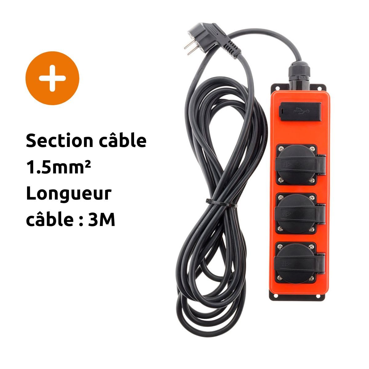 zenitech-multiprise-tanche-ip44-3-prises-16a-2-usb-3m image 2