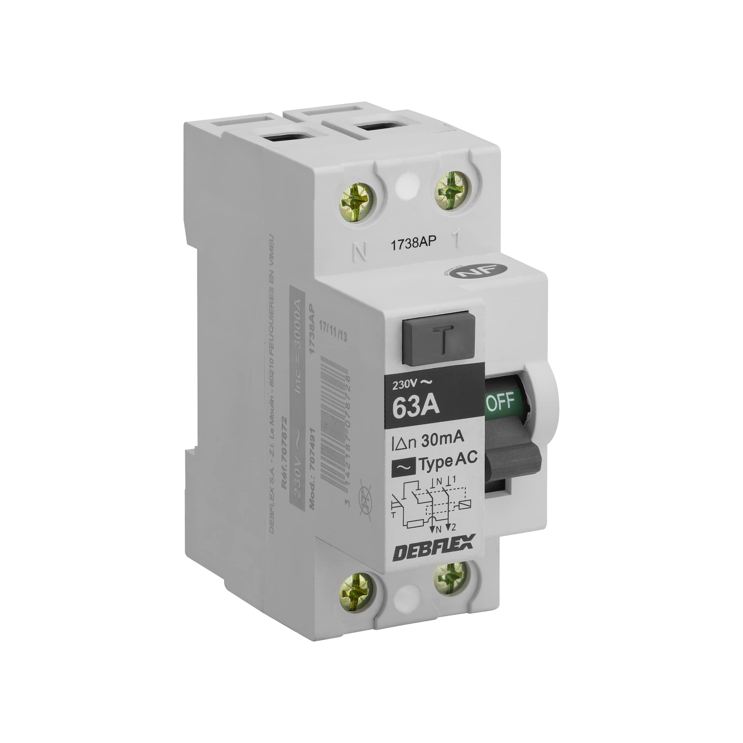 debflex-interrupteur-diff-rentiel-2p-30ma-63a-type-ac-2-modules-blanc-707872 image 1