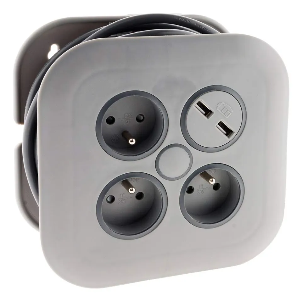 zenitech-enrouleur-domestique-3-prises-2p-t-2-usb-7m-gris image 1